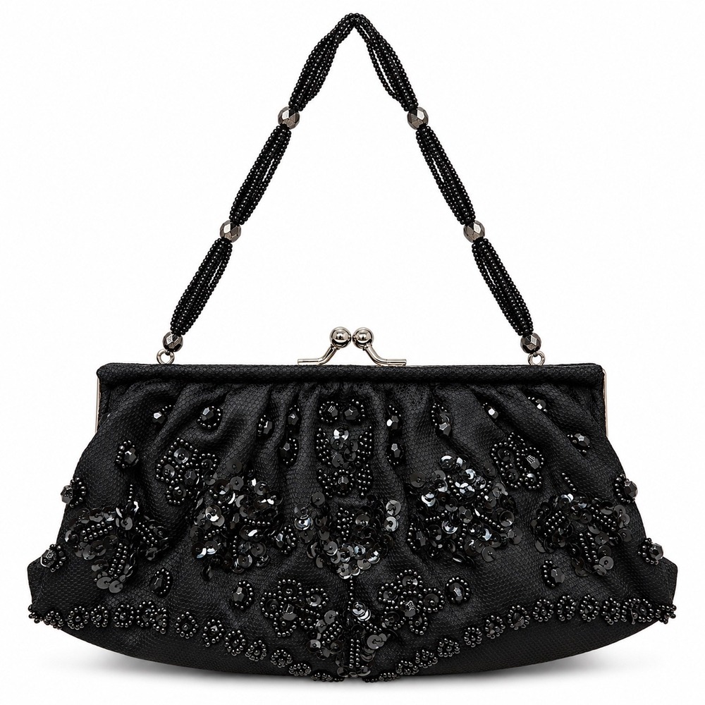 Vintage La Regale Black Beaded Sequin Evening Bag Kiss Lock Clutch Handbag